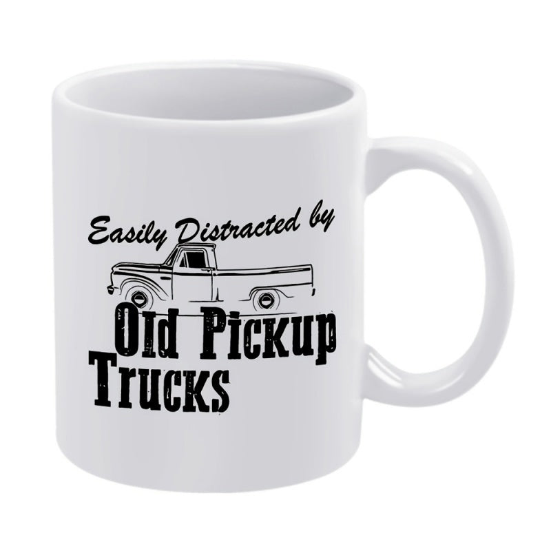 Tailorly White Ceramic 11 oz Mug - Easily Distracted By Old Pickup Trucks Vintage Classic Vehicle Silhouette With Rustic Detailing And Simple Line Art Truck