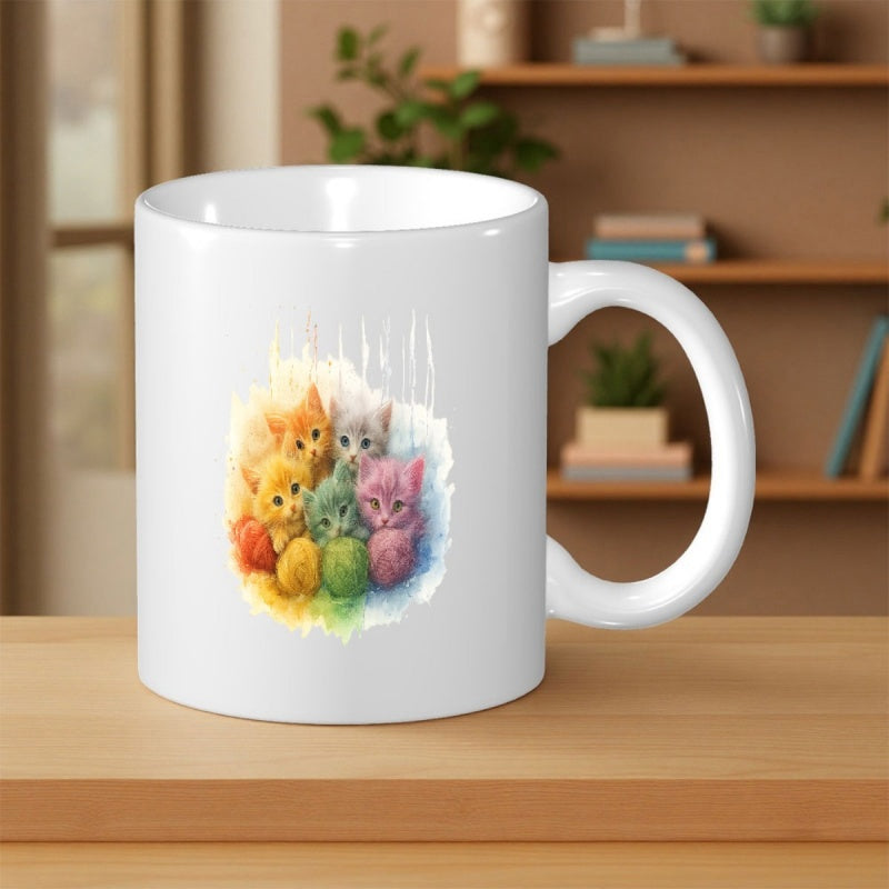 Tailorly White Ceramic 11 oz Mug - Five Fluffy Little Colorful Felines Huddled Together In Soft Watercolor Style Kittens