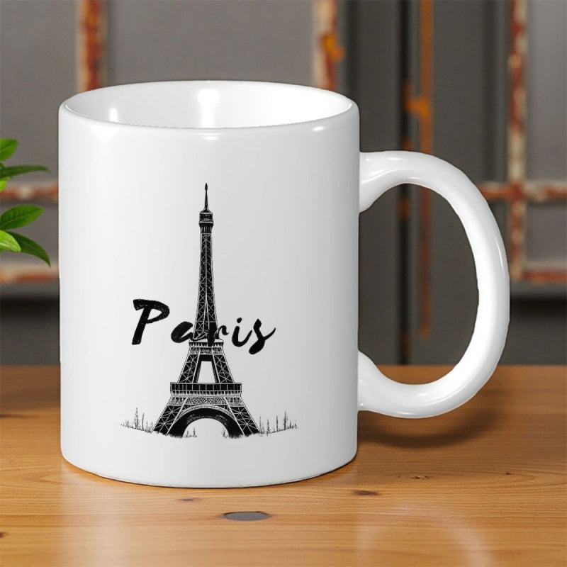 Tailorly White Ceramic 11 oz Mug - Paris Minimalist Black Ink Silhouette Showcasing The Iconic French Landmark Structure Eiffel Tower