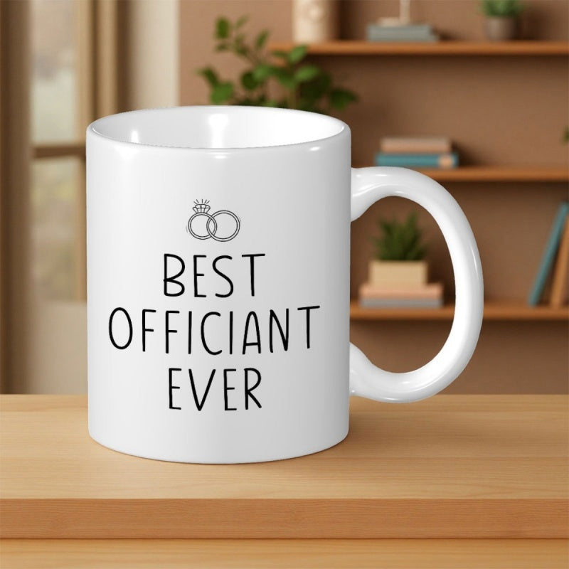 Tailorly White Ceramic 11 oz Mug - Best Officiant Ever Minimalist Wedding Rings Symbol Above Bold Hand Drawn Style Lettering Mug