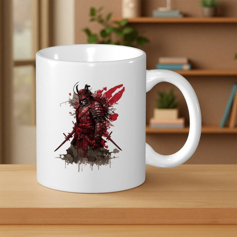 Tailorly White Ceramic 11 oz Mug - Crimson Armored Warrior Holding Two Swords Amidst Artistic Red Ink Splashes Samurai