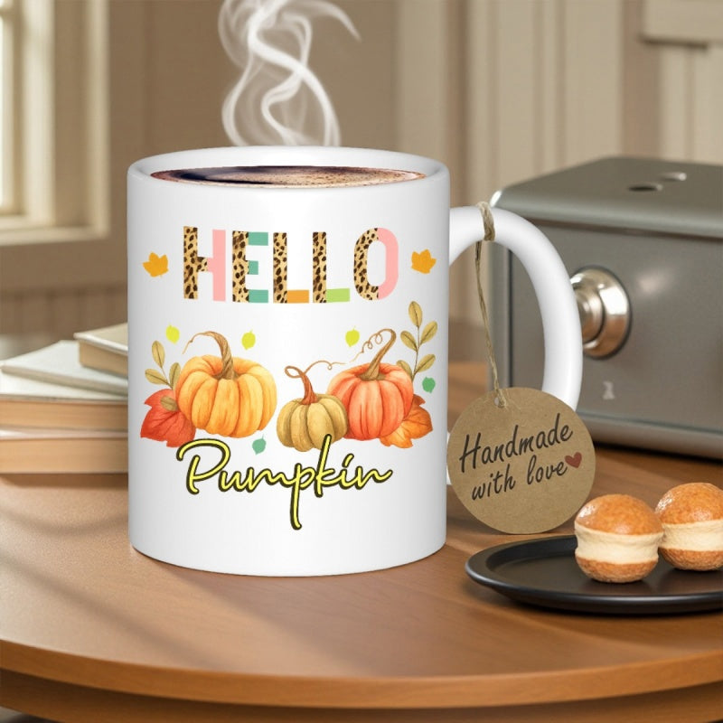 Tailorly White Ceramic 11 oz Mug - Hello Pumpkin Three Artistic Harvest Style Pumpkins Among Small Colorful Dots And Leaves Pumpkin