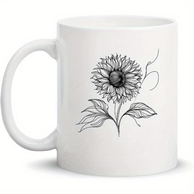Tailorly White Ceramic 11 oz Mug - Elegant Black Line Art Featuring Delicate Leaves And Swirling Decorative Vines Sunflower