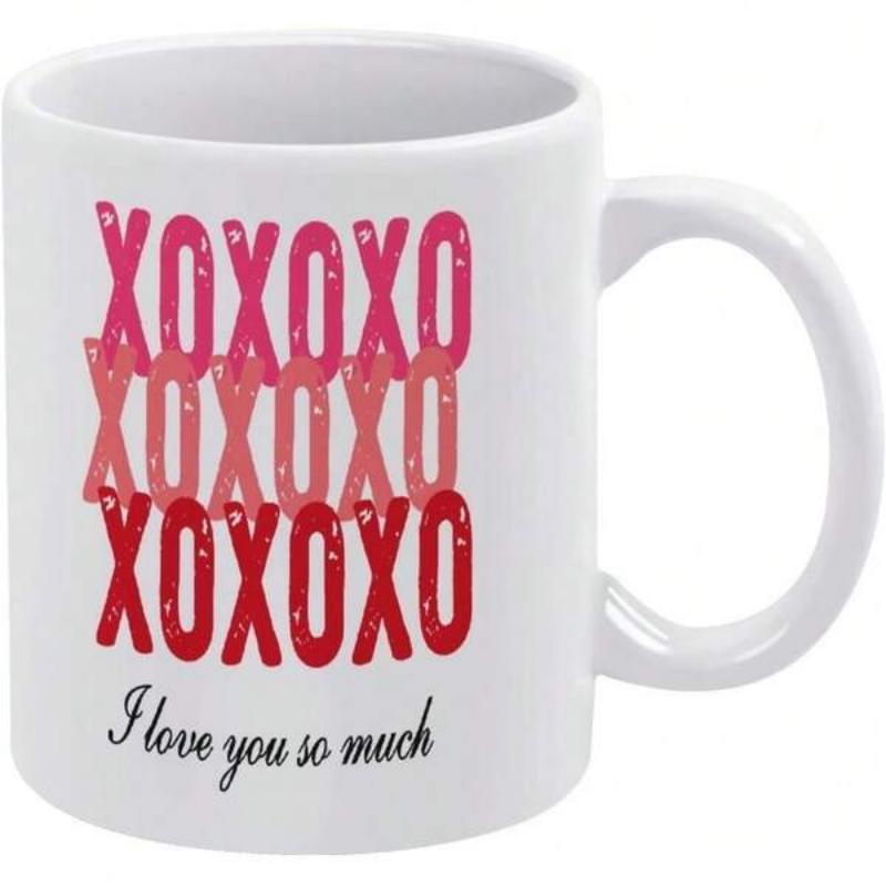 Tailorly White Ceramic 11 oz Mug - Xoxoxo I Love You So Much Vibrant Pink And Red Stacked Bubble Letters With Elegant Script Text Mug
