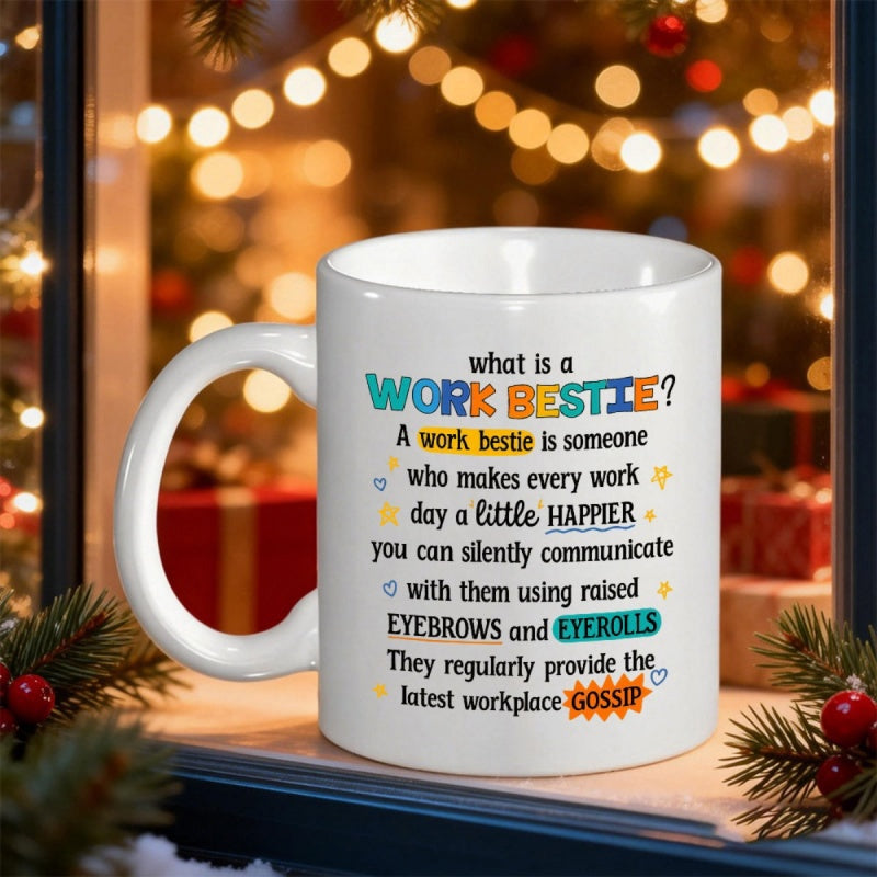 Tailorly White Ceramic 11 oz Mug - Work Bestie Elegant White Surface Featuring Decorative Stars And Hearts Amid Festive Ambiance Mug