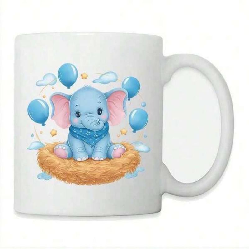 Tailorly White Ceramic 11 oz Mug - Sweet Baby Animal Sitting Inside Nest Among Floating Soft Blue Balloons Elephant