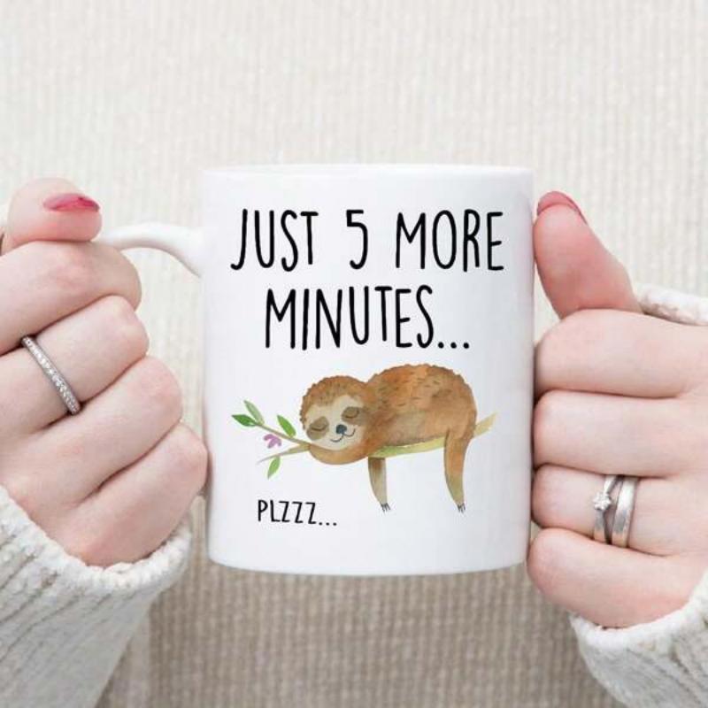 Tailorly White Ceramic 11 oz Mug - Just 5 More Minutes Plzzz Adorable Brown Watercolor Animal Resting On A Tiny Green Branch Sloth
