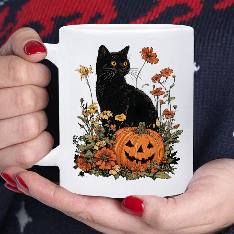 Tailorly White Ceramic 11 oz Mug - Sitting Among Autumn Flowers Beside A Carved Halloween Pumpkin Cat