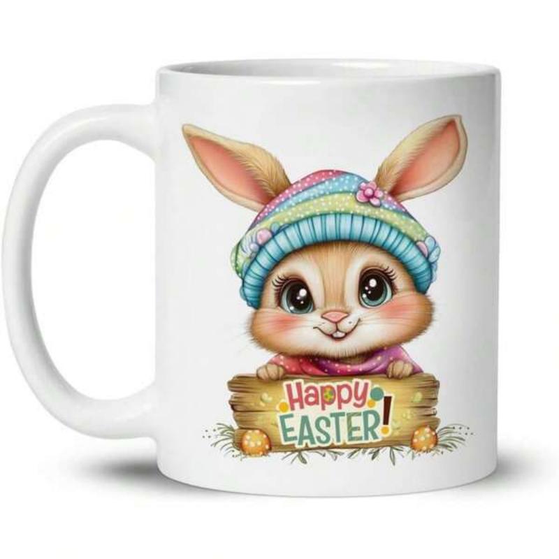 Tailorly White Ceramic 11 oz Mug - Happy Easter Adorable Small Rabbit Wearing Striped Beanie Behind A Wooden Board Bunny