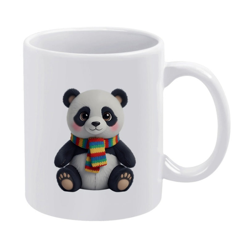 Tailorly White Ceramic 11 oz Mug - Adorable Sitting Character Wearing A Colorful Rainbow Striped Scarf Soft Panda