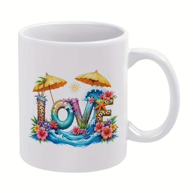 Tailorly White Ceramic 11 oz Mug - Love Tropical Beach Atmosphere Featuring Umbrellas Hibiscus And Crashing Ocean Waves