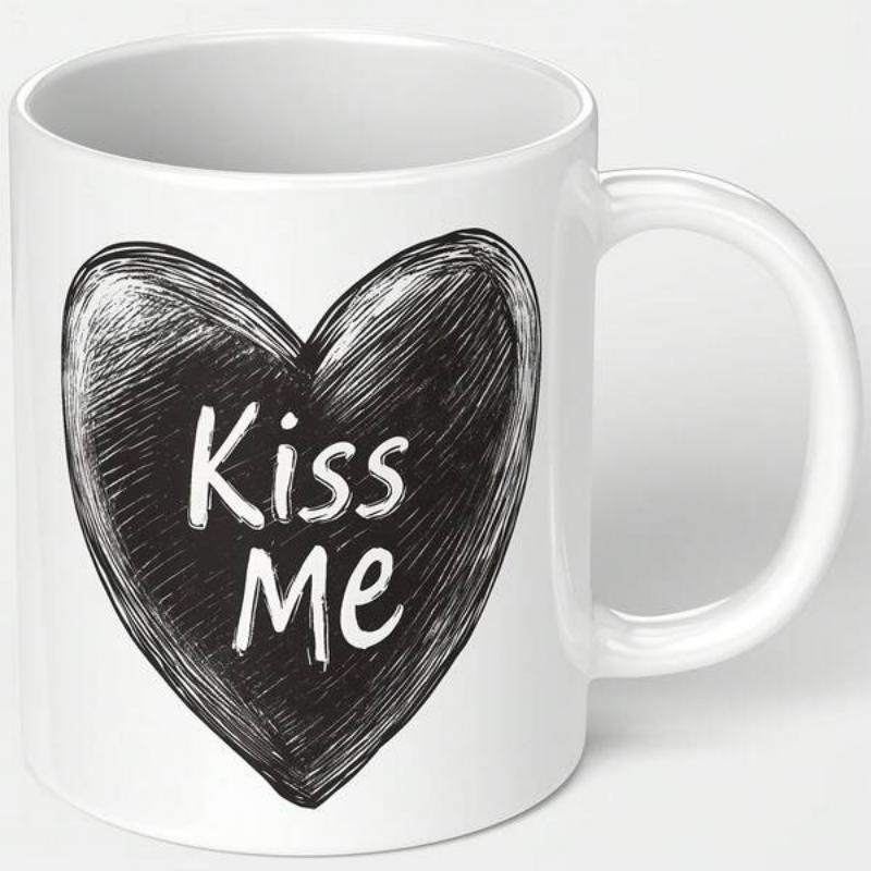 Tailorly White Ceramic 11 oz Mug - Kiss Me Sketchy Black Drawing With Artistic White Lettering Centered Heart