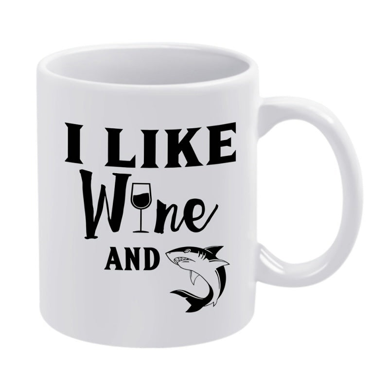 Tailorly White Ceramic 11 oz Mug - I Like Wine And Minimalist Black Ink Illustration Showing A Jumping Great White Sea Predator Shark