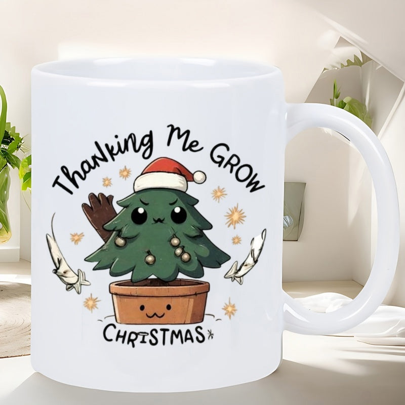 Tailorly White Ceramic 11 oz Mug - Thanking Me Grow Christmas Festive Potted Evergreens With Sparkling Stars Celebrating A Merry Holiday Season Christmas Tree