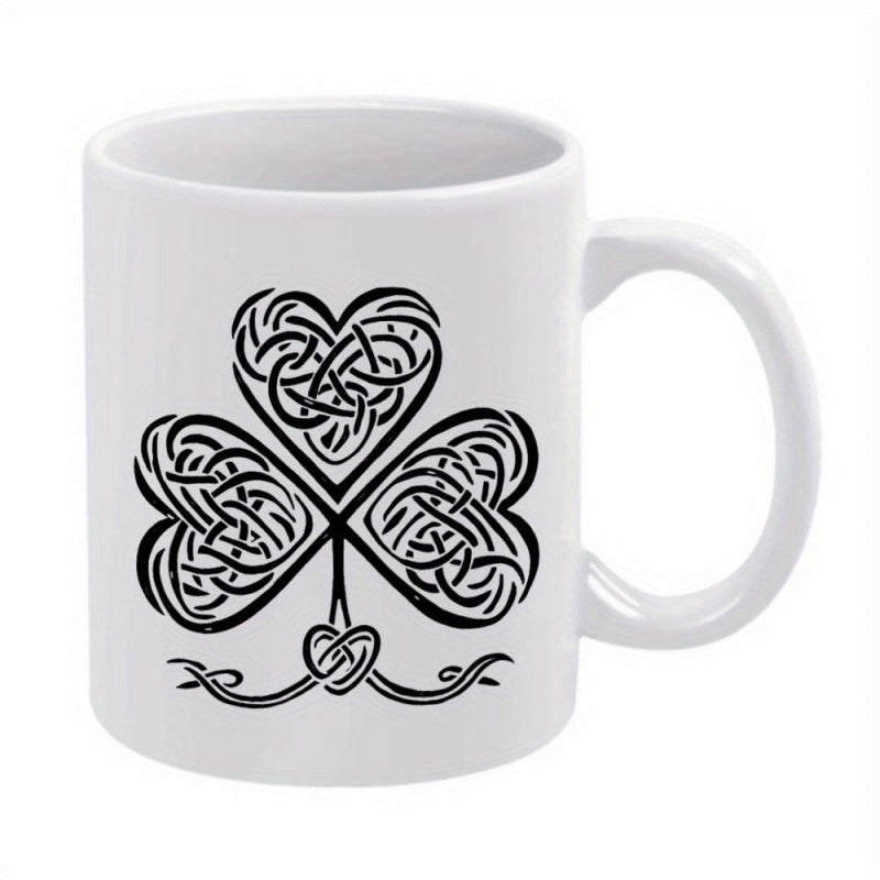 Tailorly White Ceramic 11 oz Mug - Intricate Black Celtic Knotwork Forming A Three Leaf Heart Shaped Shamrock