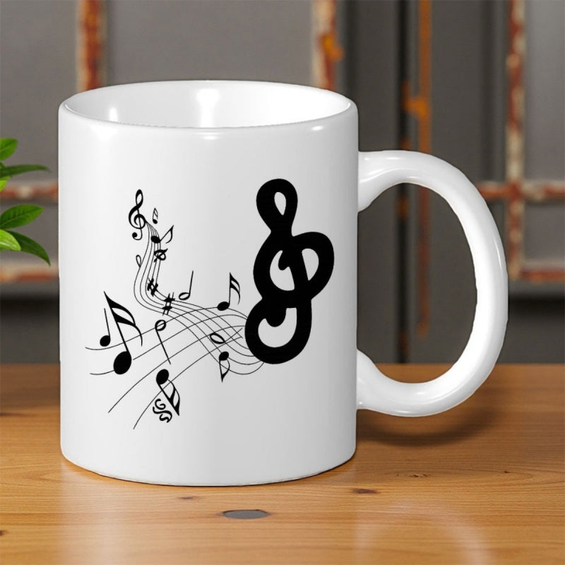 Tailorly White Ceramic 11 oz Mug - Flowing Black Musical Notes Dancing On A Curved Staff Lines Treble Clef