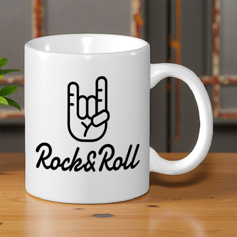 Tailorly White Ceramic 11 oz Mug - Rock Roll Minimalist Black Outline Symbolizing Music Passion And Artistic Hand Gesture Hand