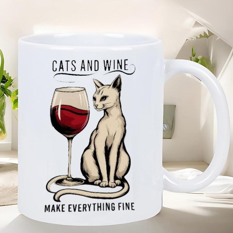 Tailorly White Ceramic 11 oz Mug - Cats And Wine Make Everything Fine Slender Tan Feline Sitting Beside Large Red Wine Cat
