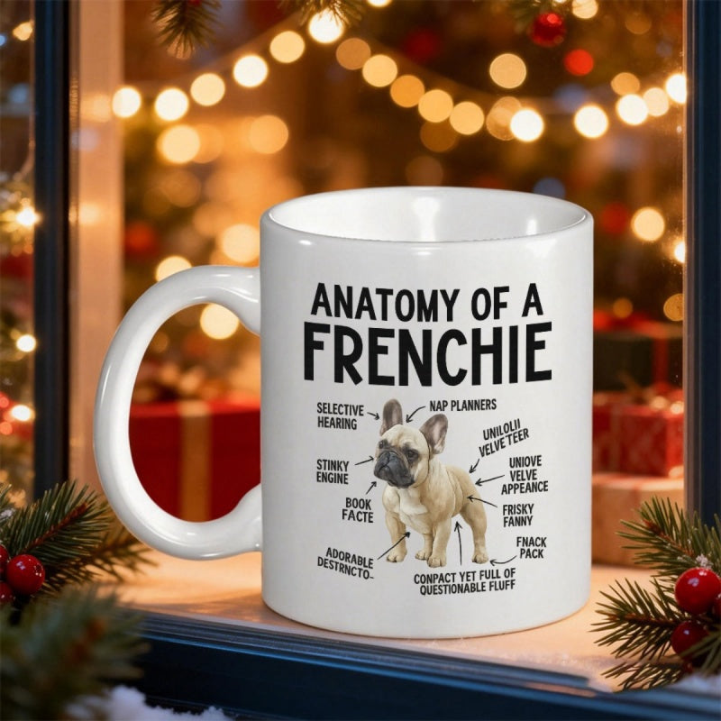 Tailorly White Ceramic 11 oz Mug - Anatomy Of A Frenchie Standing Alert Posture Among Descriptive Diagram Labels Within Festive Holiday Setting Frenchie