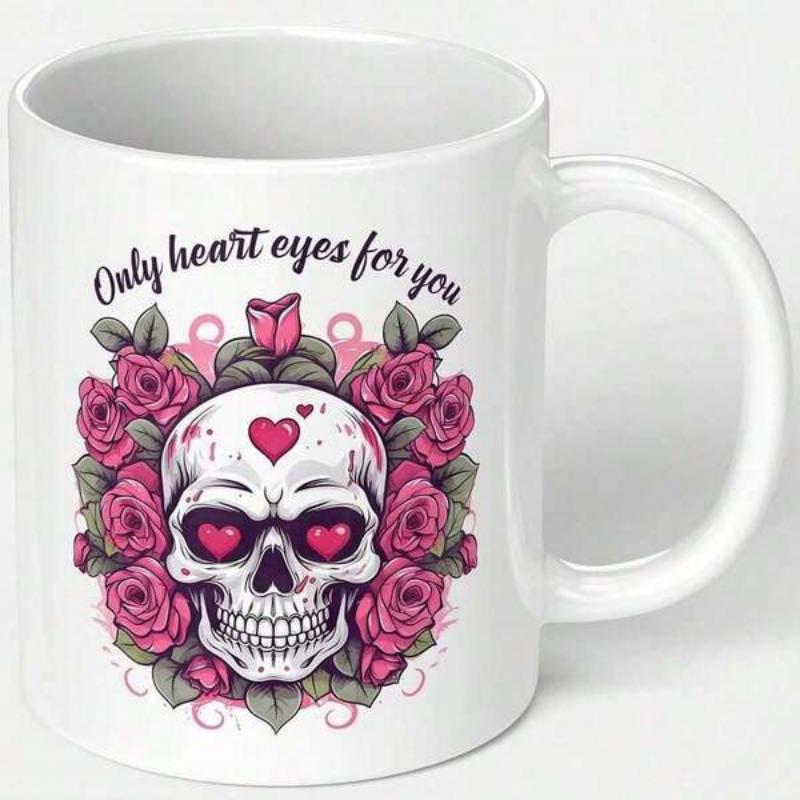Tailorly White Ceramic 11 oz Mug - Only Heart Eyes For You Ornate Gothic Style Featuring Blooming Pink Roses And Romantic Heart Eyes Skull