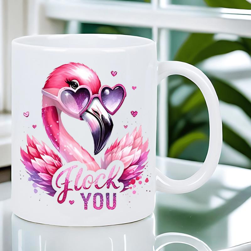 Tailorly White Ceramic 11 oz Mug - Flock You Vibrant Pink Tropical Bird Wearing Heart Shaped Sunglasses And Soft Feathers Flamingo