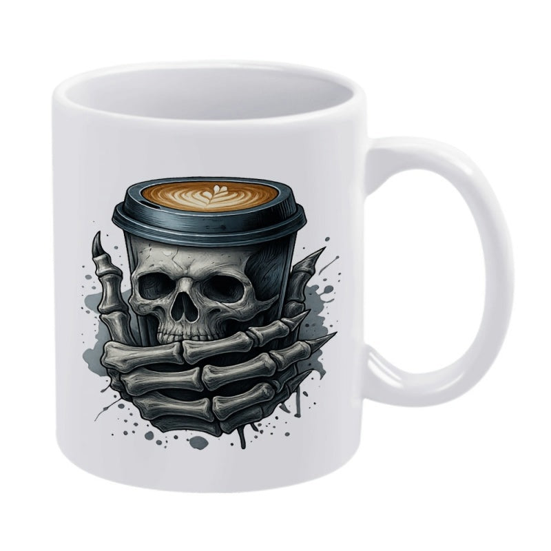 Tailorly White Ceramic 11 oz Mug - Dark Gothic Skeleton Hand Firmly Gripping Coffee Cup With Creamy Latte Art Skull