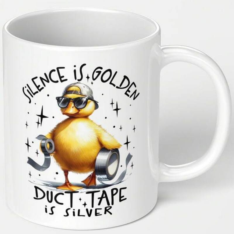 Tailorly White Ceramic 11 oz Mug - Silence Is Golden Duct Tape Is Silver Cool Yellow Duck Wearing Sunglasses And Cap Holding Silver Duct Tape Duck