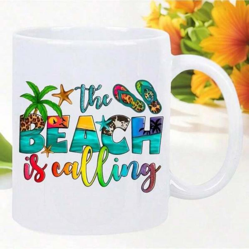 Tailorly White Ceramic 11 oz Mug - The Beach Is Calling Vibrant Tropical Palm Trees And Starfish With Flip Flops Mug