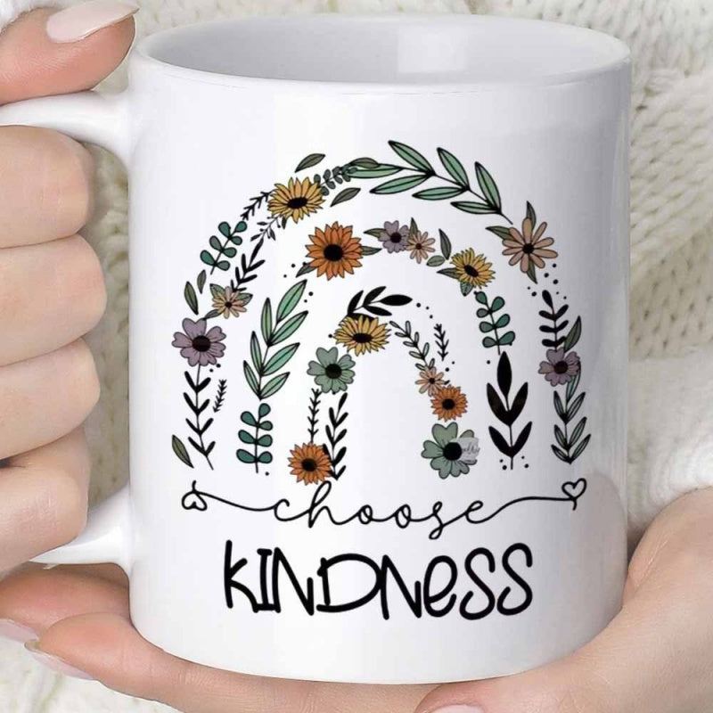 Tailorly White Ceramic 11 oz Mug - Choose Kindness Beautiful Boho Floral Rainbow With Earthy Tones And Delicate Vines Mug