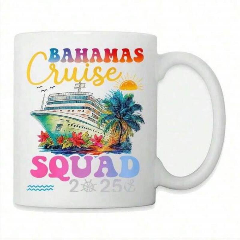Tailorly White Ceramic 11 oz Mug - Bahamas Cruise Squad 2025 Tropical Summer Vacation With Palm Trees And Majestic Cruise Ship