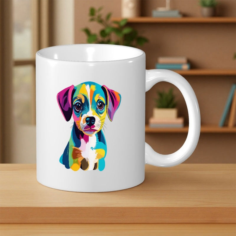 Tailorly White Ceramic 11 oz Mug - Vibrant Artistic Colorful Pop Art Style Painting Of A Cute Puppy