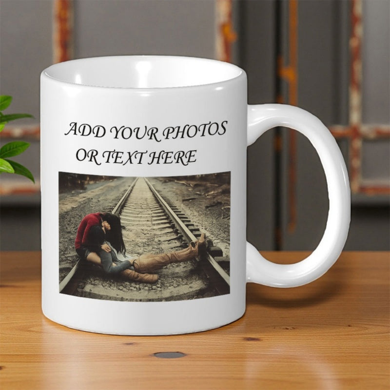 Tailorly White Ceramic 11 oz Mug - Add Your Photos Or Text Here Person Sitting On Old Railway Tracks In Vintage Scenery Mug