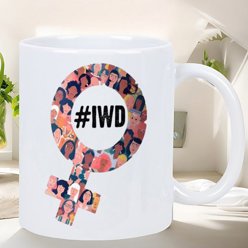 Tailorly White Ceramic 11 oz Mug - IWD Female Gender Symbol Filled With Diverse Empowered Women Facing Forward Illustrative Mug