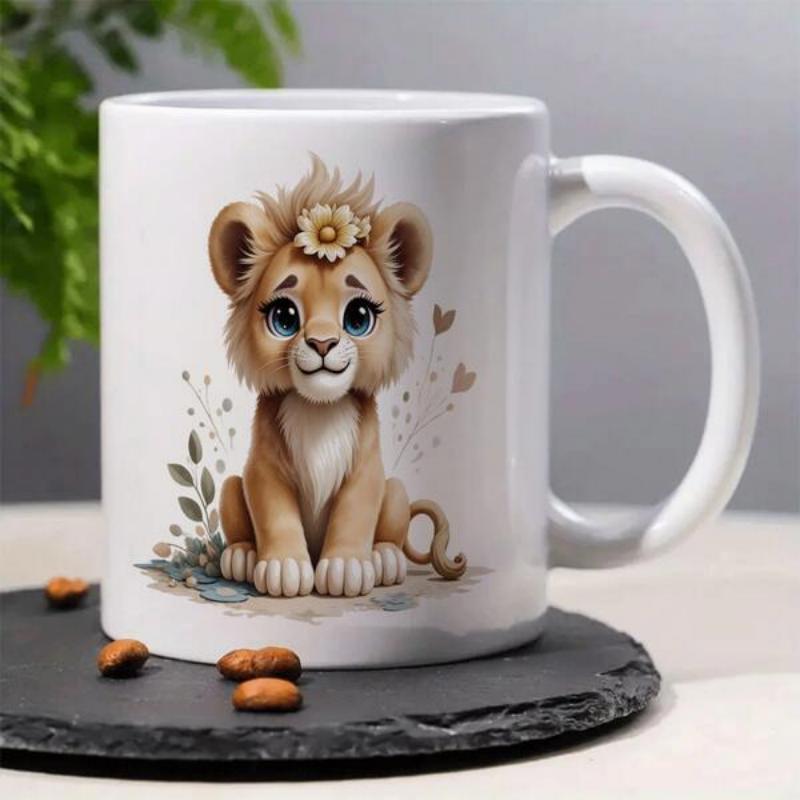 Tailorly White Ceramic 11 oz Mug - Adorable Cartoon Cub With Flower Crown And Tiny Hearts On White Background Lion
