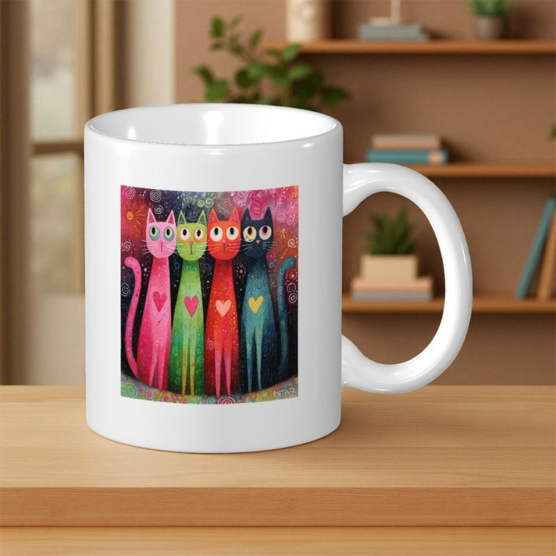 Tailorly White Ceramic 11 oz Mug - Vibrant Artistic Row Of Four Colorful Tall Whimsical Staring Hearts Painting Cat