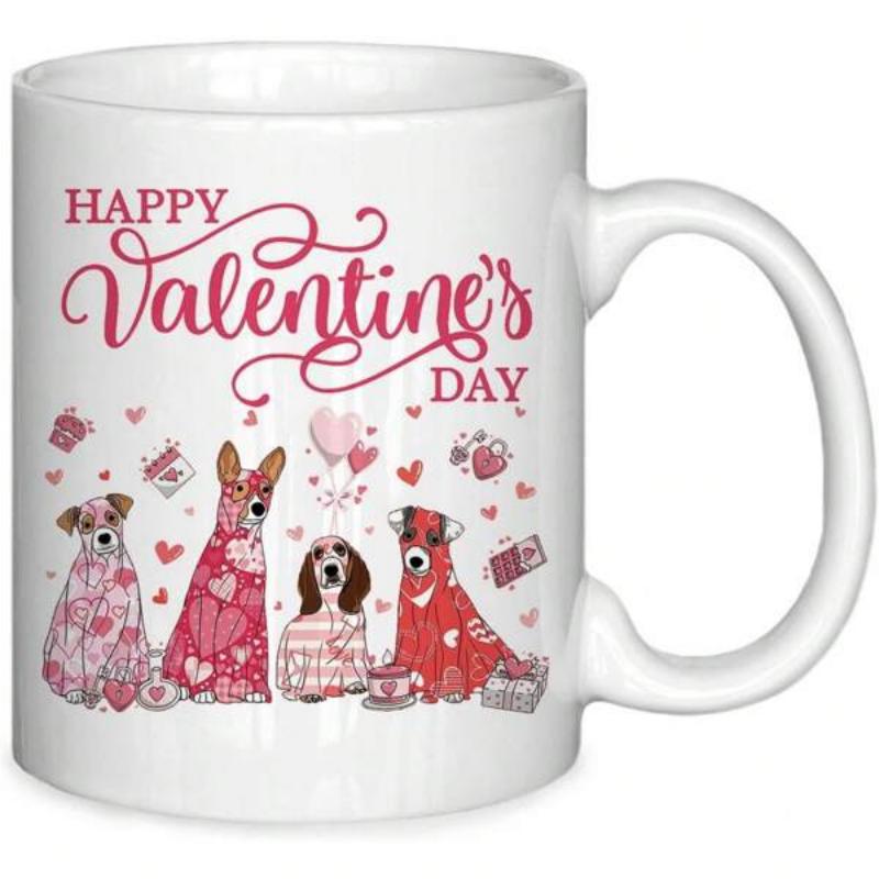 Tailorly White Ceramic 11 oz Mug - Happy Valentine's Day Adorable Puppies Wearing Festive Heart Blankets Surrounded By Small Gifts Dog