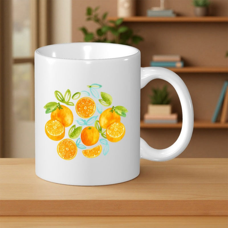 Tailorly White Ceramic 11 oz Mug - Vibrant Hand Painted Slices Of Juicy Citrus Fruit Among Green Leaves Orange