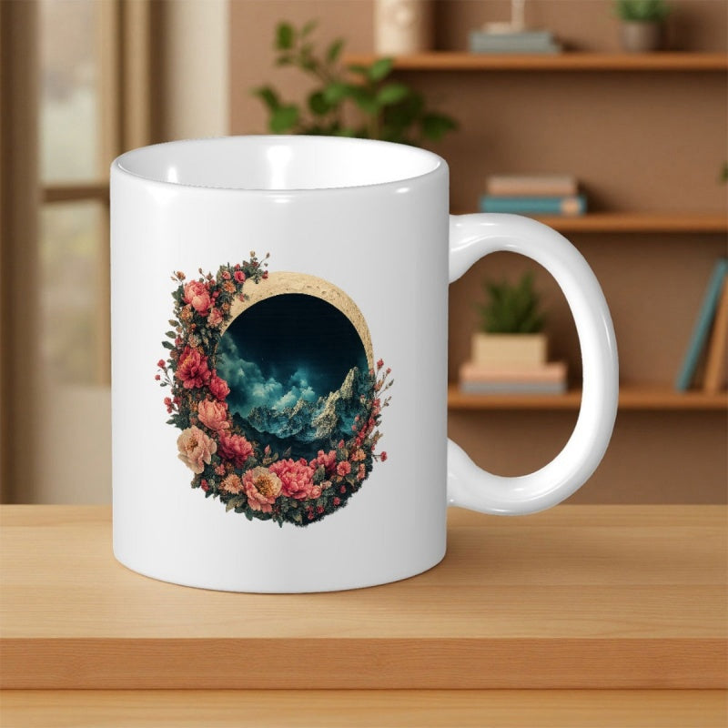 Tailorly White Ceramic 11 oz Mug - Vibrant Pink Roses Surrounding A Deep Cosmic Nebula Inside A Circular Flower