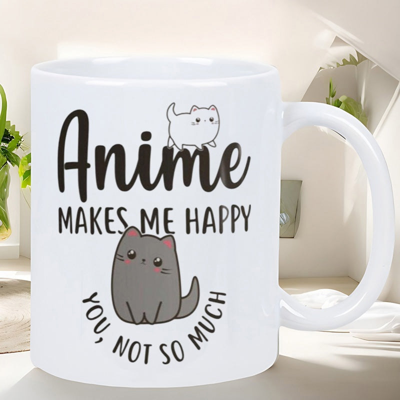 Tailorly White Ceramic 11 oz Mug - Anime Makes Me Happy You Not So Much Two Small Adorable Chibi Kittens Sitting Among Decorative Artistic Typography Cat