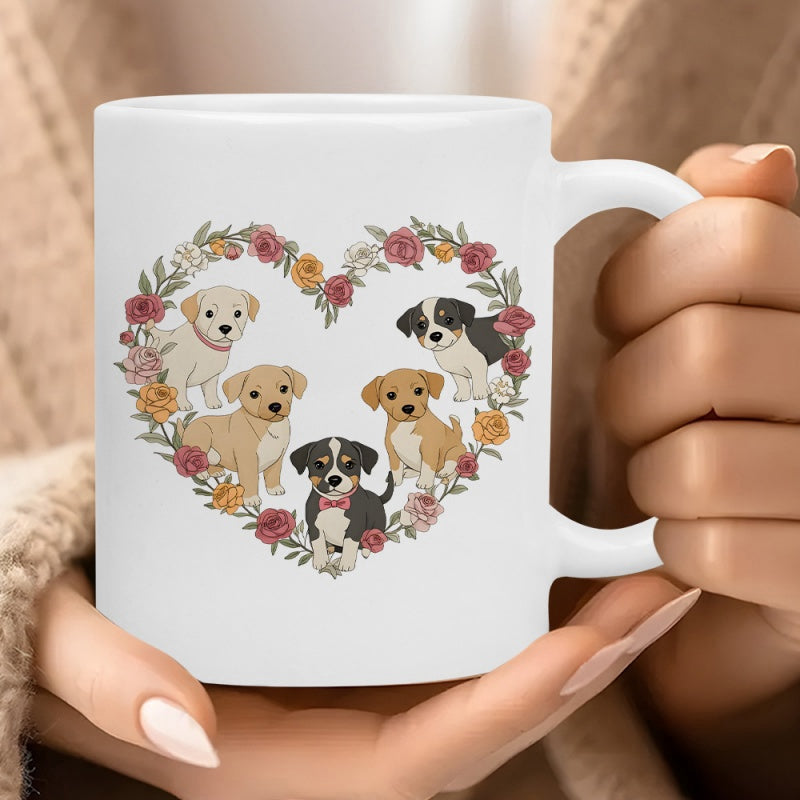 Tailorly White Ceramic 11 oz Mug - Lovely Collection Of Various Small Dogs Inside Floral Heart Wreath Dog