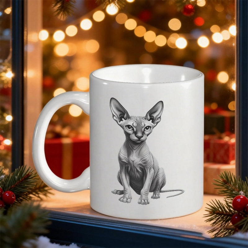 Tailorly White Ceramic 11 oz Mug - Realistic Black And White Sketch Of A Sitting Hairless Sphinx Cat