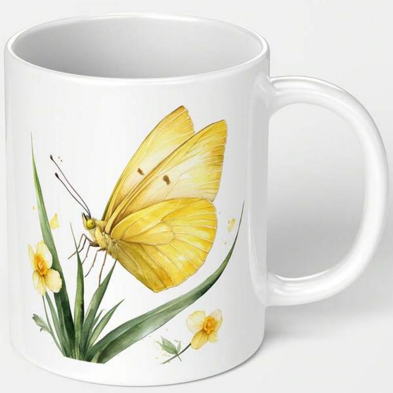 Tailorly White Ceramic 11 oz Mug - Elegant Yellow Butterfly Resting Peacefully Upon Fresh Green Grass Blades Butterfly