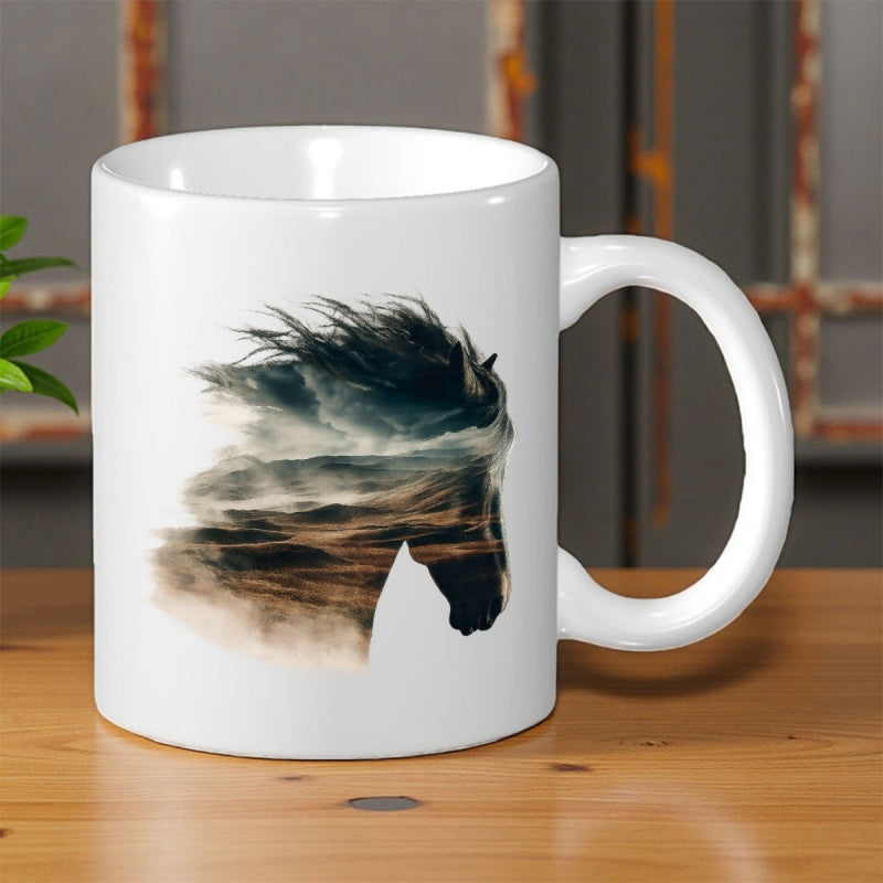 Tailorly White Ceramic 11 oz Mug - Majestic Galloping Spirit With Wild Flowing Mane And Scenic Landscape Clouds Horse