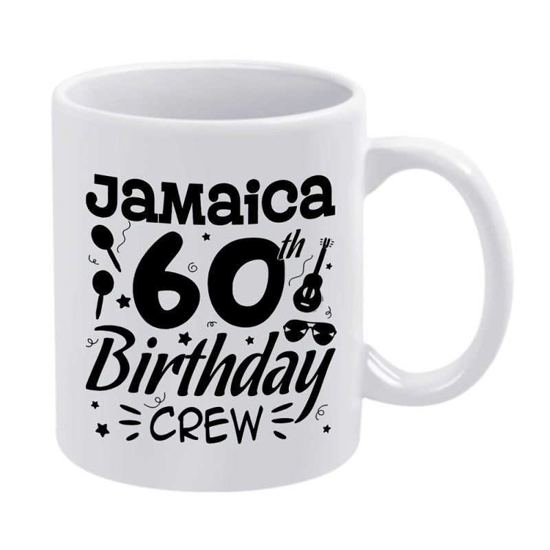Tailorly White Ceramic 11 oz Mug - Jamaica 60th Birthday Crew Festive Party Elements Including Maracas Guitar And Sunglasses Among Celebrating Confetti Design