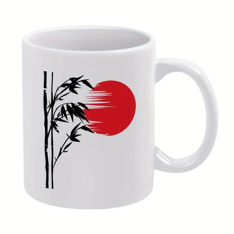 Tailorly White Ceramic 11 oz Mug - Elegant Black Silhouette Stalks Of Bamboo Standing Against A Vibrant Red Sun Bamboo