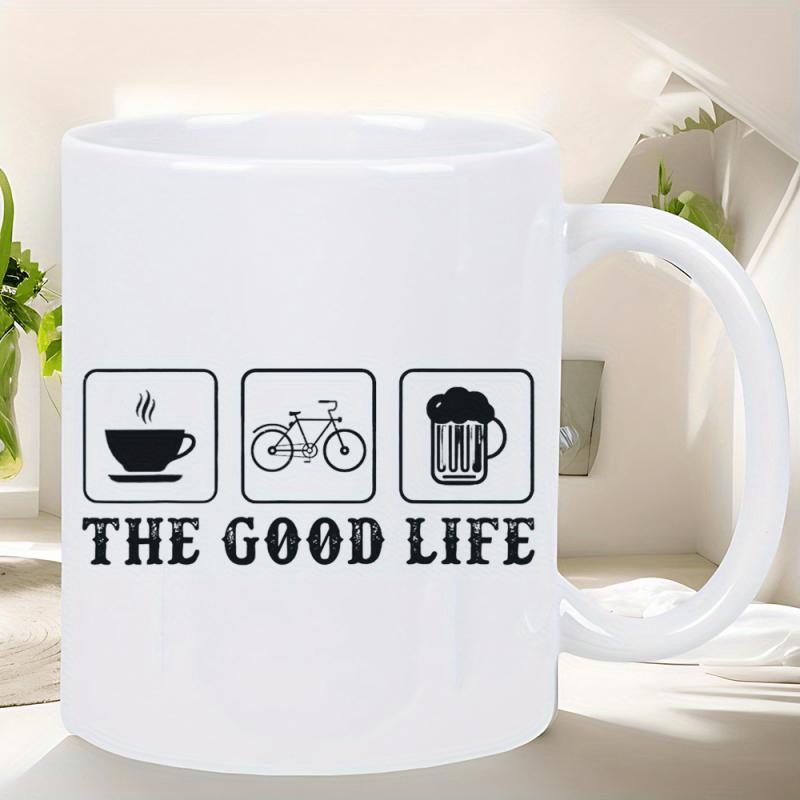 Tailorly White Ceramic 11 oz Mug - The Good Life Minimalist Lifestyle Icons Featuring Coffee Plus Frothy Beer Bicycle