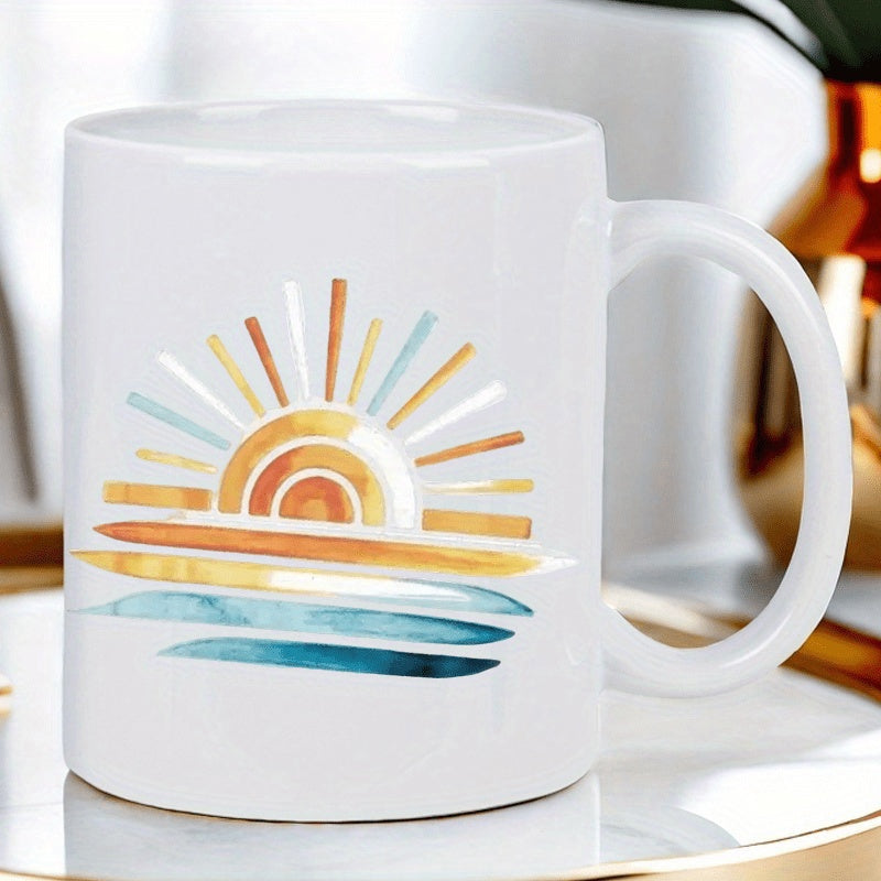 Tailorly White Ceramic 11 oz Mug - Boho Styled Watercolor Rising Sun Shining Over Calm Horizontal Ocean Waves Sun