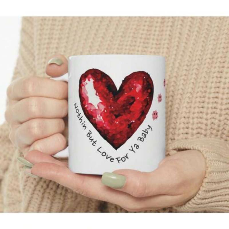 Tailorly White Ceramic 11 oz Mug - Nothin But Love For Ya Baby Vibrant Red Artistic Textured With Small Pink Paw Prints Heart