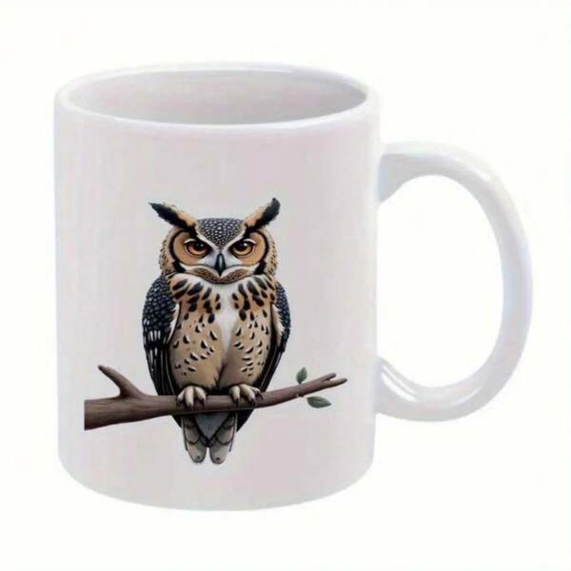Tailorly White Ceramic 11 oz Mug - Majestic Great Horned Owl Perched Upon A Sturdy Natural Wood Branch Owl