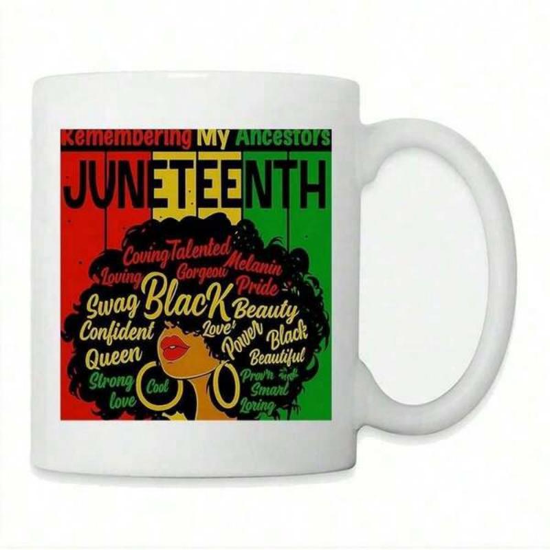 Tailorly White Ceramic 11 oz Mug - Juneteenth Remembering My Ancestors Empowering Black Woman Silhouette Among Pan African Colors Pattern Mug
